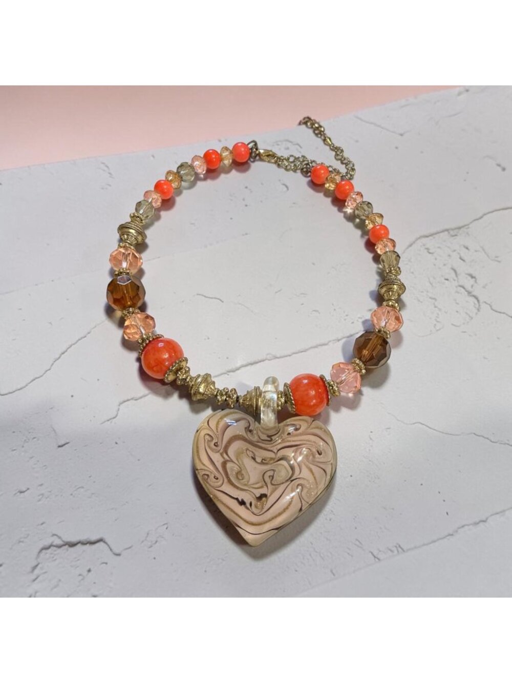 Beaded Necklace Large Artisan Glass Heart Pendant  Coral Pink And Gold Tones